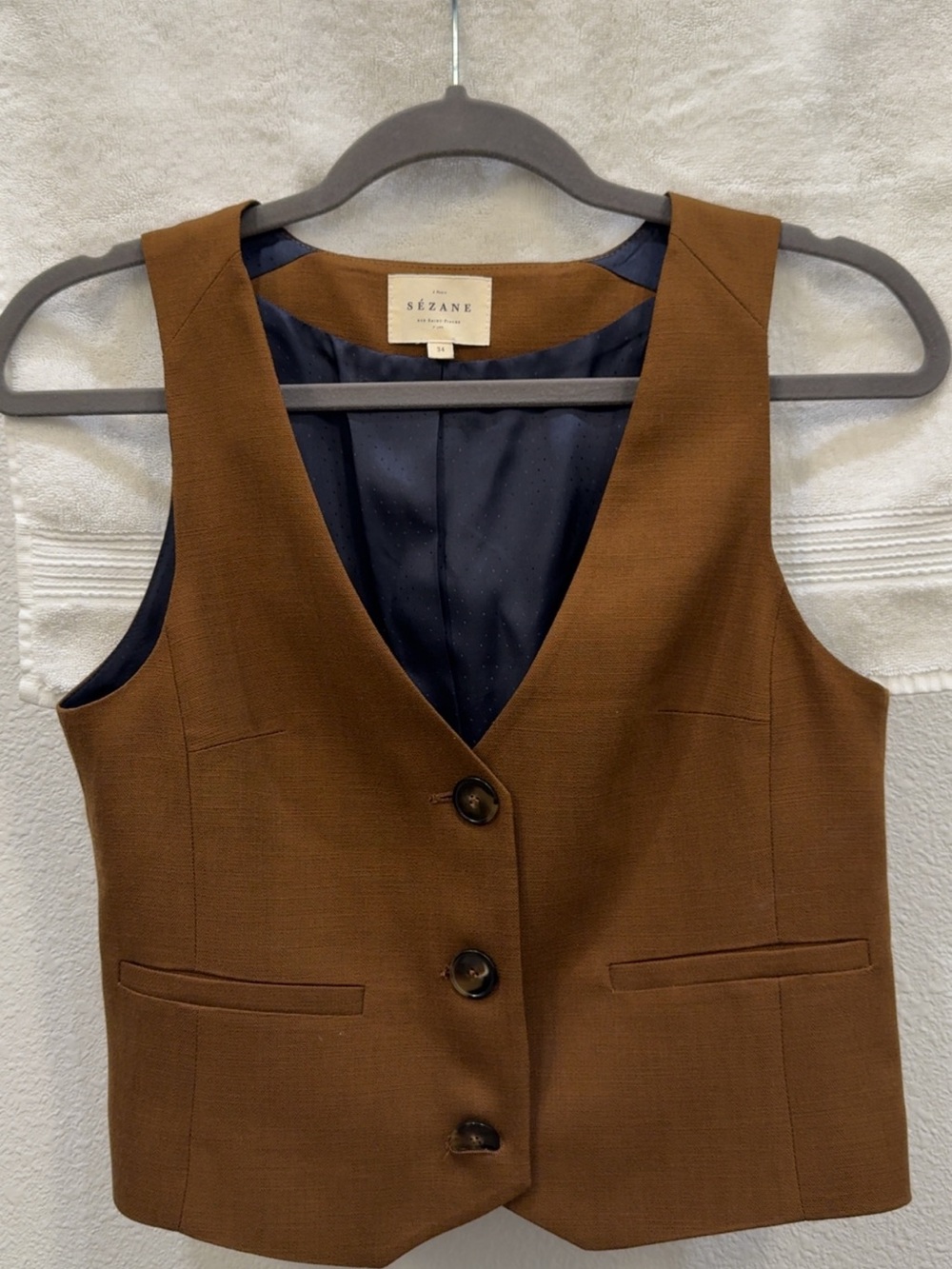 Sezane Camel Brown Vest with Navy Lining